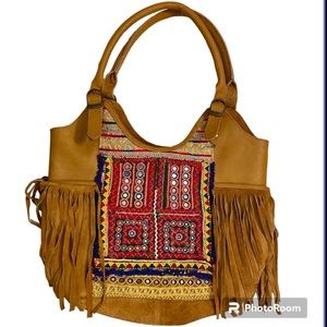 Vintage Addiction BOHO tote bag. Brown Leather, fringe. Embroidery. Red. Beaded.